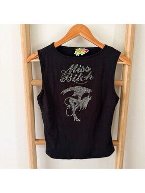 NWT OMIGHTY Miss Rhinestone Graphic Tank Top Black Stretch Size XL
